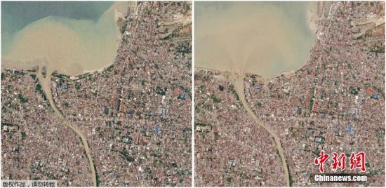 当地时间10月2日，外媒公开了一批卫星拍摄的印尼地震海啸发生前后对比图。从照片中可以看出，受灾地区经过地震海啸后受损严重。
